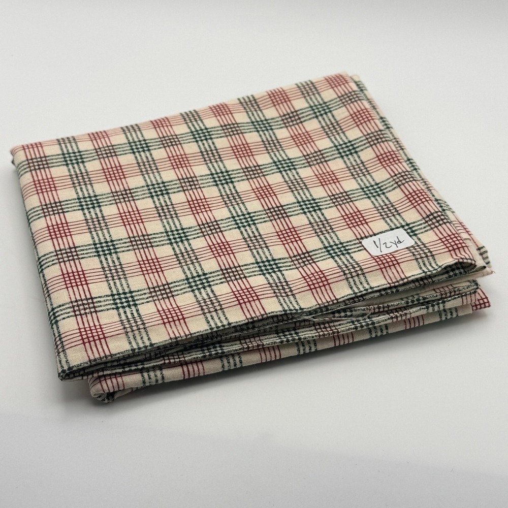 Plaid Fabric Remnant Sewing Craft Red Green Cream 0.5 Yard Cotton